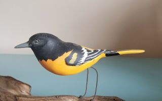 Hand Carved & Painted Wooden Bird Baltimore Oriole On Driftwood Figurine 7