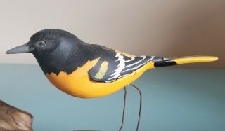 Hand Carved & Painted Wooden Bird Baltimore Oriole On Driftwood Figurine 8