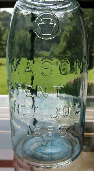 Look Error Jar Half gallon size Keystone Mason ' s Patent (offset) Nov 30th 1858 2