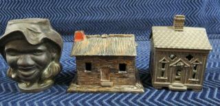 (3) 19th Century Cast Iron Still Banks Cottage,  Bank Building,  Two Face Black
