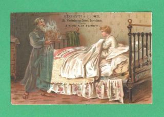 1879/80 De La Rue Father Christmas Trade Card Gas Fixtures Plum Pudding Boy Bed