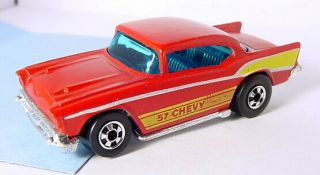 1977 Mattel Hot Wheels Blackwall 57 Chevy Red W Blue Windows Hk