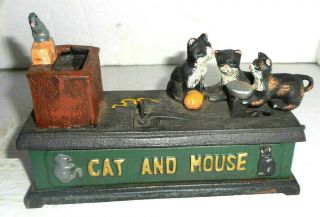 Vintage Cat And Mouse Mechanical Cast Iron Coin Bank Lqqk