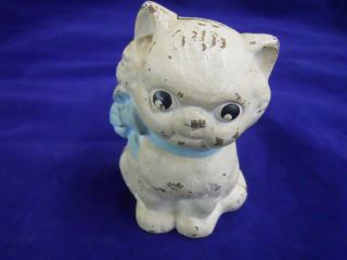 Antique Hubley Cast Iron Bank White Kitty Cat W/blue Ribbon Bow 5 "
