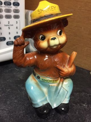 Vintage Norcrest Smokey The Bear With Shovel Coin Bank Made In Japan.
