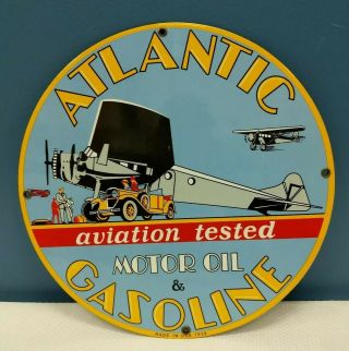 Vtg Atlantic Motor Oil & Gasoline Aviation Porcelain Pump Plate Sign