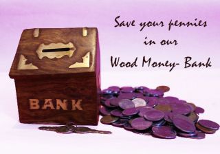 Hand Crafted Vintage Teak Wood Money Bank Coin Box Piggy Bank With Lock And Key