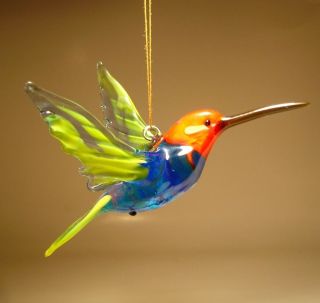 Blown Glass Figurine Bird Hanging Blue,  Yellow & Red Head Hummingbird Ornament