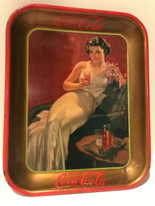 1936 Coca - Cola Serving Tray Glamour Girl In White Dress On Chair,  Rust
