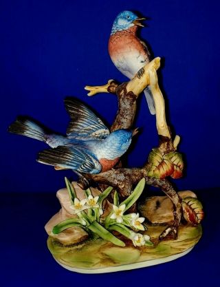 Exquisite Vintage Hand Painted Ceramic Blue Birds Figurine -
