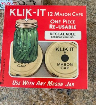 Vtg Klik It Mason Jar Caps One Piece Reusable Canning Lids Box 12 Piece