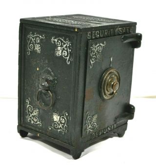 Antique Pat 1887 Cast Iron Security Safe Deposit Bank W/ Wood Drawers Lion Head