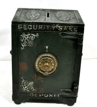 Antique Pat 1887 Cast Iron Security Safe Deposit Bank w/ Wood Drawers Lion Head 2