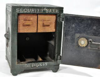 Antique Pat 1887 Cast Iron Security Safe Deposit Bank w/ Wood Drawers Lion Head 8