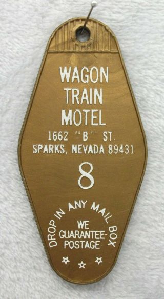 Vtg.  Plastic Hotel Motel Room Key Fob Chain Ring Wagon Train Motel Sparks Nev.