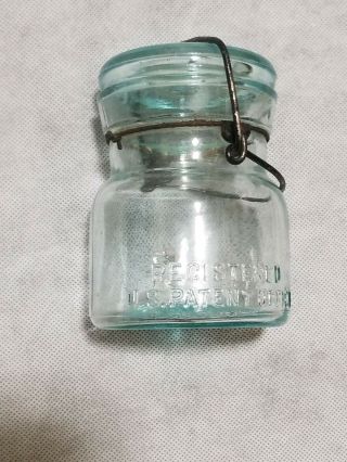 Half Pint Blue Aqua Putnam Lightning Fruit Mason Jar Zinc Band Glass Lid & Bail