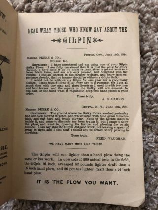 Antique 1884 (JOHN) DEERE & COMPANY Advertisement for The Gilpin Sulky Plow RARE 4