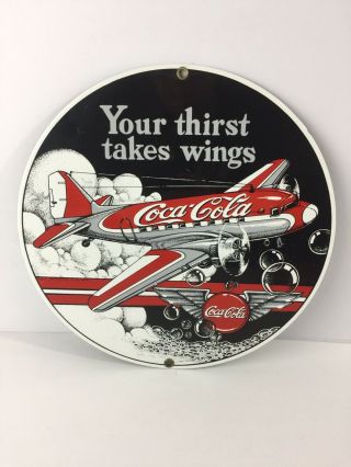 Vintage Ande Rooney Coca Cola Coke Porcelain Sign Airplane Pilot Flying Collect