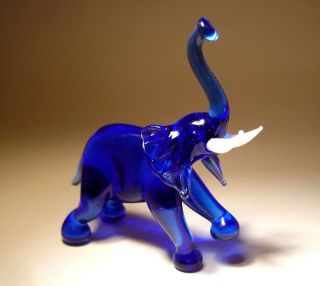 Blown Glass " Murano " Art Figurine Animal Cobalt Blue Elephant With Raised Trunk