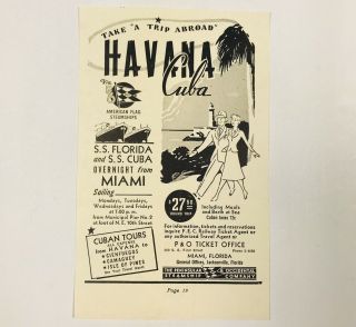 1940 Vintage Print Ad Havana Cuba Travel Cruise Tour Ss Florida Miami