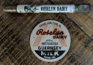 Vintage Roselyn Dairy,  Grand Junction,  Iowa Milk Bottle Cap And Bullet Pencil