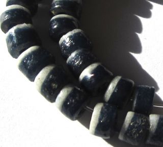 40 Rare Small Well Worn Navy Blue/white Banded Ghana Sand Cast Glass Beads