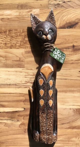 Bali Hand Craft Made Of Wood Large Kitty Cat Figurine 24 " H