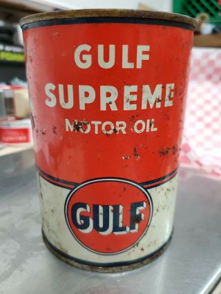 Vintage 1 Qt.  Gulf Supreme Motor Oil Tin Can - Gas Station -