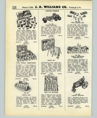 1958 Paper Ad 2 Pg Auburn Rubber Toys Road Scraper Army Soldiers Farm Tractor
