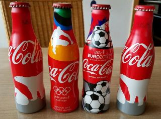 Coca Cola Alu Bottle From Benelux.  Football Polar Bear Olympics.  4 Empty Bottles