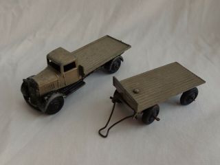 Vintage Pre War Dinky Toys 25t Flatbed Truck & Trailer Set Stone / Black Hubs