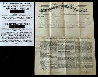 1887 President Secy Long Island Insurance Co Brooklyn Sea Bright Document Signed