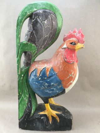 Charming Folk Art Carved And Painted Wooden Rooster 19”