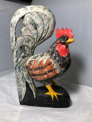 Primitive Style Rooster All Wood Carved Folk Art Rustic Large Chicken 15.  5” Tall