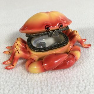 Crab Trinket Box Ceramic Hinged 2 Trinkets Orange And Yellow 4 " Long Crab Gift