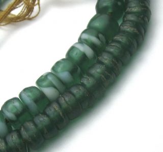 7 " Strand Of 54 Rare Old Small Translucent Emerald Gree Czech Disk Antique Beads
