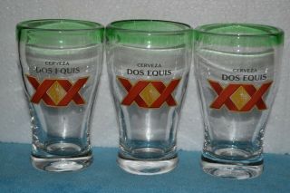 Set Of 3 Dos Equis Xx Hand Blown Mexican Beer Glass 16 Oz 6” Green Rim