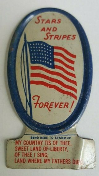 1942 Vintage Cracker Jack Prize Toy Tin Litho Stars And Stripes Forever Stand Up