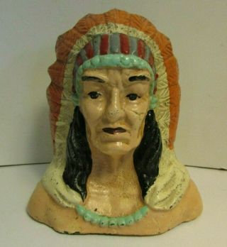 Vintage Indian Chief Head,  Cast Iron Coin Bank