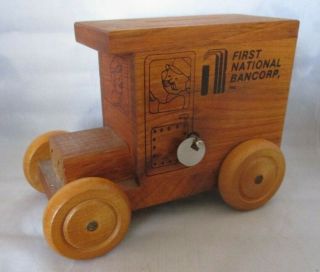 First National Bancorp Wood Coin Bank Logomobile 1986 W/ Music Box Happy Days