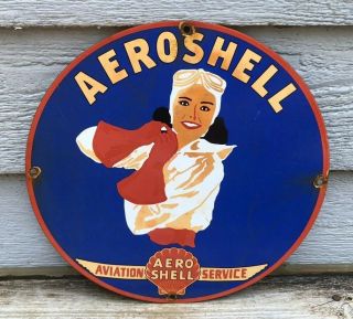Vintage Aeroshell Gas Oil Porcelain Aviation Pinup Service Station Pump Sign