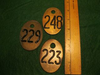 3 Vintage Numbered Brass Cow Tags 223,  248 & 229 For Key Chain Or Cattle