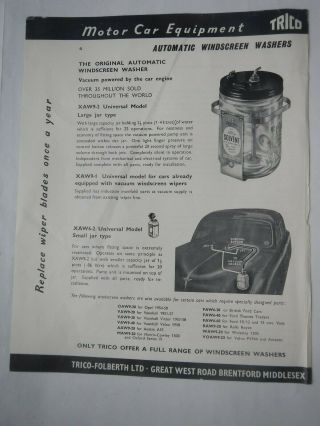 Trico Motor Car Equipment Sheet For Windscreen Washer As By Jaguar/others