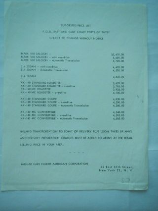Jaguar Price List Sheet - Prob.  1957