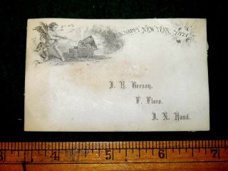 1871 Engraved Angel Firing Cannon Happy Year Victorian Greeting Card F7