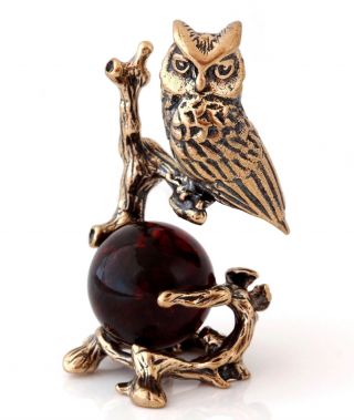 Eagle Owl On Branch Brass Bronze Figurine Baltic Amber Miniature Bird Sculpture