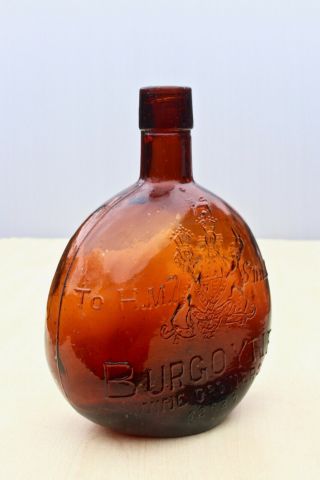 Vintage 1900s Burgoyne Royal Coat Of Arms Pict Bladder Shape Amber Wine Bottle