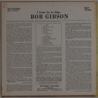 BOB GIBSON: I Come for To Sing USA RIVERSIDE 50s Folk Bluegrass LP NM - 2