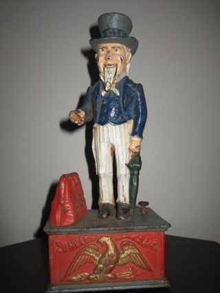 Uncle Sam Cast Iron Mechanical Bank; " Pat Feb 2,  1875 " Embossed On Closure