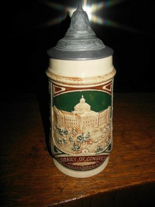 Antique German Stein 0.  5l Featuring The Library Of Congress Washington D.  C.